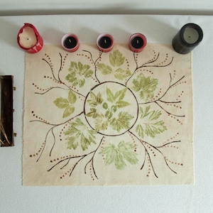Altartuch, Tarot Karte, Natürlicher Blatt Druck, Unikat, Wahrsage Tuch, Vintage Stil, Zeremonien Tuch, Ritual, Magischer Spruch, Hexen Geschenk