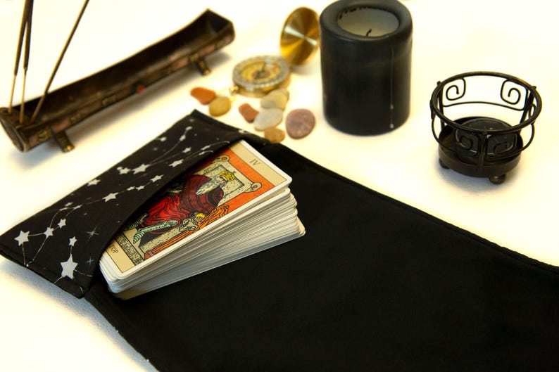 Black Tarot Card Wrap OOAK – Velvet Tarot Reading Cloth & Cotton Deck Holder with Pocket, Travel Tarot Case, Oracle Card Pouch, Witchcraft Gift