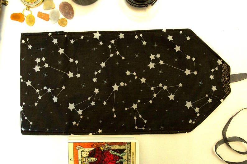 Black Tarot Card Wrap OOAK – Velvet Tarot Reading Cloth & Cotton Deck Holder with Pocket, Travel Tarot Case, Oracle Card Pouch, Witchcraft Gift