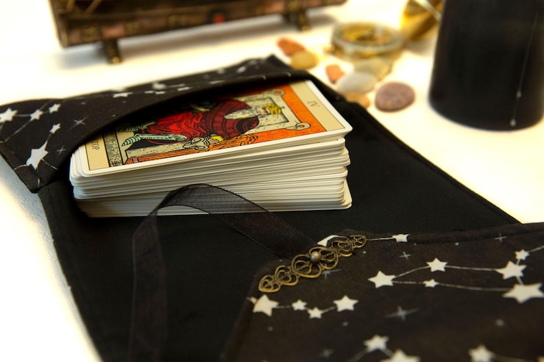 Black Tarot Card Wrap OOAK – Velvet Tarot Reading Cloth & Cotton Deck Holder with Pocket, Travel Tarot Case, Oracle Card Pouch, Witchcraft Gift