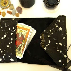 Black Tarot Card Wrap OOAK – Velvet Tarot Reading Cloth & Cotton Deck Holder with Pocket, Travel Tarot Case, Oracle Card Pouch, Witchcraft Gift