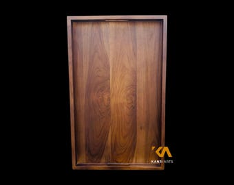 Large Ottoman Tray, Walnut Finish Wood, Oversized Rectangular