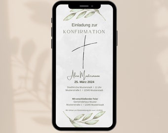 Digitale Einladung, Konfirmation, Kommunion, Taufe, Olivenzweig, eCard Download und Versenden per Whatsapp, Personalisiert