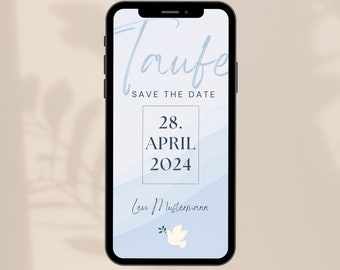 Digitale Save The Date Einladung, Taufe, zartes Blau/Soft Blue/Pigeon, eCard Download und Versenden per Whatsapp, Personalisiert