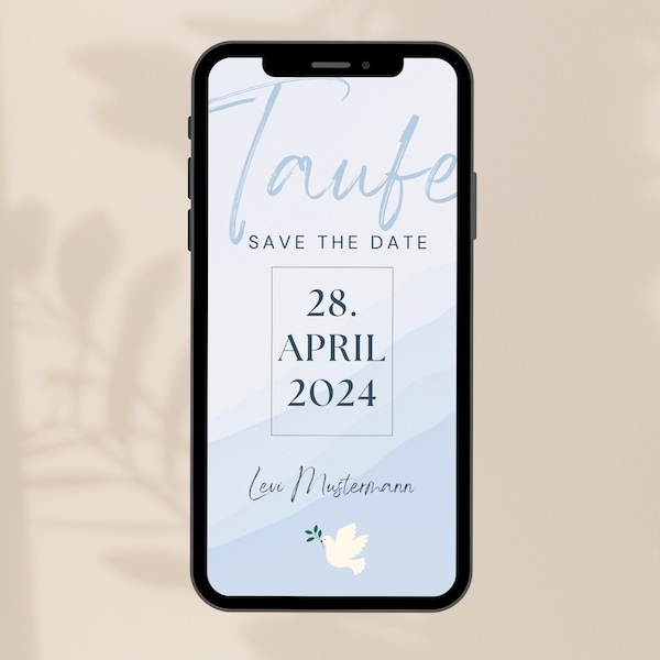 Digitale Save The Date Einladung, Taufe, zartes Blau/Soft Blue/Pigeon, eCard Download und Versenden per Whatsapp, Personalisiert