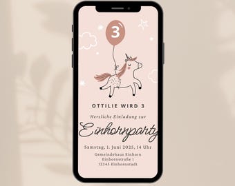 Digitale Einladung, Einhorn, Kindergeburtstag, 1. Geburtstag, eCard Download und Versenden per Whatsapp, Personalisiert