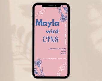 Digitale Einladung, Kornblume, Kindergeburtstag, 1. Geburtstag, eCard Download und Versenden per Whatsapp, Personalisiert