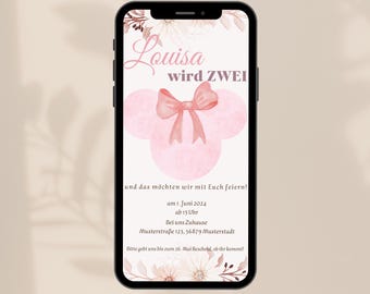Digitale Einladung, Minnie Mouse, Flower, Kindergeburtstag, 1. Geburtstag, eCard Download und Versenden per Whatsapp, Personalisiert