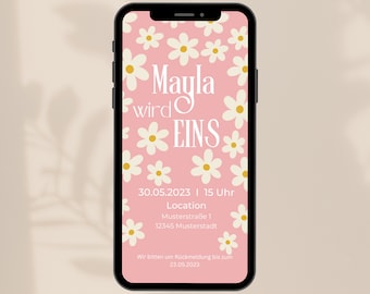 Digitale Einladung, Daisy, Gänseblümchen, Kindergeburtstag, 1. Geburtstag, eCard Download und Versenden per Whatsapp, Personalisiert