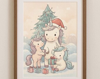 Digitale Printdatei "Weihnachtseinhörner", DIN A4 Printable zum Selberausdrucken für Einhorn-Fans, Sofortiger Digitaler Download