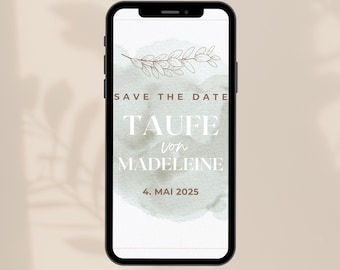 Digitale Save the Date Einladung, Taufe, Soft Eucalyptus, pastellgrün, eCard Download und Versenden per Whatsapp, Personalisiert