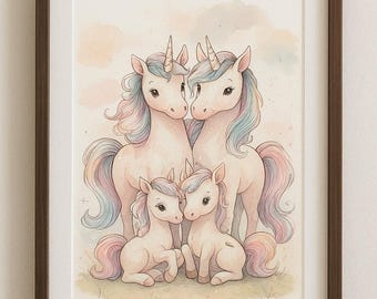 Digitale Printdatei "Einhornfamilie", DIN A4 Printable zum Selberausdrucken für Einhorn-Fans, Sofortiger Digitaler Download