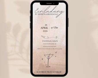 Digitale Einladung, Geburtstag, Party, Blush, Minimalist, eCard Download und Versenden per Whatsapp, Personalisiert