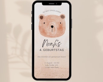 Digitale Einladung, Teddybär, Kindergeburtstag, 1. Geburtstag, eCard Download und Versenden per Whatsapp, Personalisiert