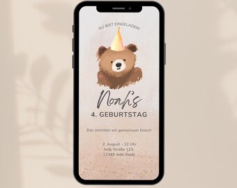 Digitale Einladung, Teddy mit Partyhut, Teddybär, Kindergeburtstag, 1. Geburtstag, eCard Download und Versenden per Whatsapp, Personalisiert