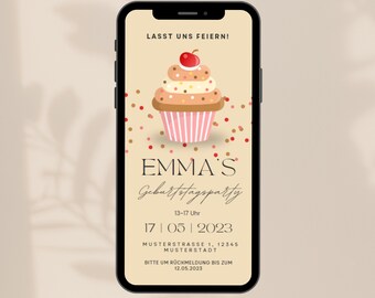 Digitale Einladung, Cupcake, Konfetti, Kindergeburtstag, 1. Geburtstag, eCard Download und Versenden per Whatsapp, Personalisiert