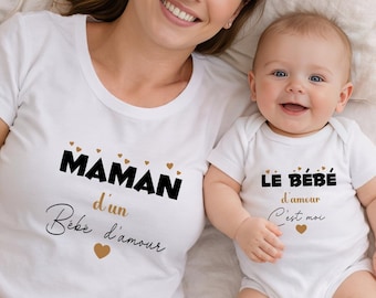 Duo T-shirt femme et body bébé  , cadeau pour maman, cadeau fête des mères.