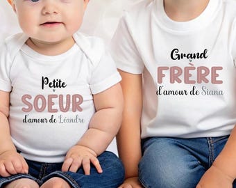 Personalized bodysuit or T-shirt, big brother love, little sister love, children's clothing.