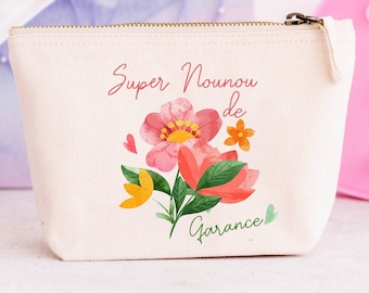 Trousse coton personnalisée, super NOUNOU ,modèle fleur BOHO