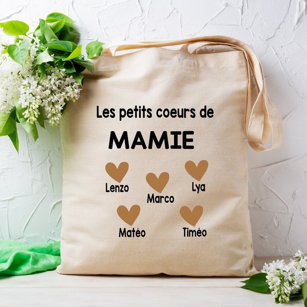 Tote bag personnalisé, " Les petits cœurs de mamie", cadeau pour mamie, fête des grands-mères