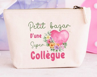 Trousse en coton personnalisé, "Petit bazar d'une super collègue", modèle cœur BOHO