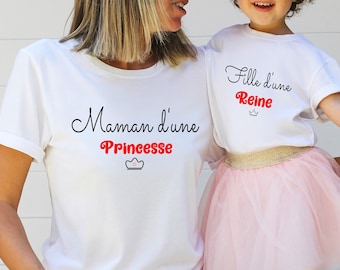 Tshirts assortis mère fille, tshirt personnalisé,Tshirt duo, maman d'une princesse, fille d'une reine. Livraison GRATUITE avec MONDIAL RELAY