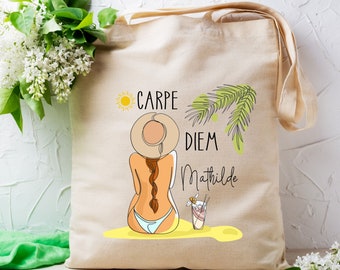 Personalized tote bag "Carpe Diem" woman at the beach, vacation