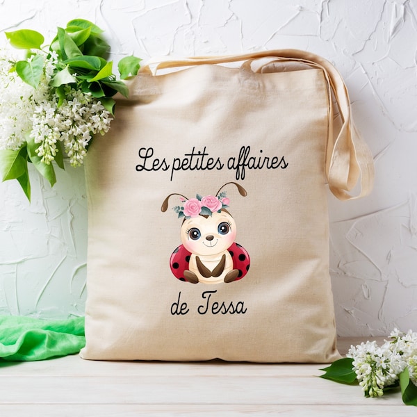 Tote bag personnalisable enfant, modèle Coccinelle,sac pour crèche , école, sport, article personnalisé