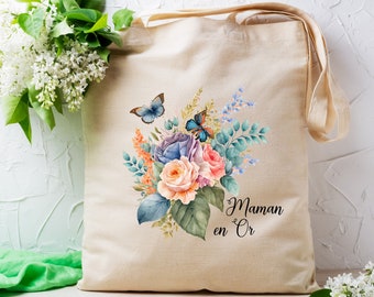 Personalized tote bag, Mom in gold, flower tote bag, Mother's Day gift, gift for mom