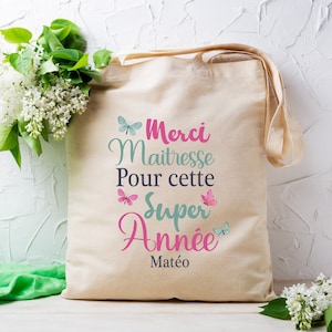 Tote bag personnalisable, "merci maîtresse, cadeau pour maîtresse, fin d'école