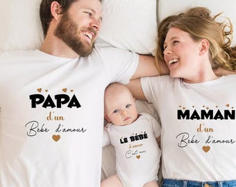 Trio t-shirt femme , t-shirt homme et body bébé , Vêtements assortis pour la famille,