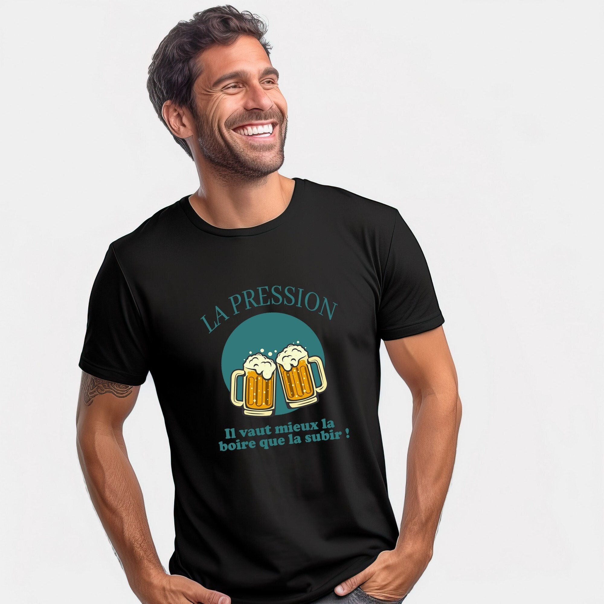 Personalized humor t-shirt for men, "The pressure is better to drink than to endure it"! Gift for men. FREE delivery with MONDIAL RELAY