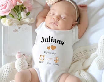 Personalized baby bodysuit, birth gift, date, time, weight, height