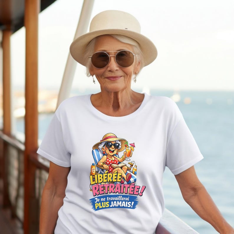 May include: White t-shirt featuring a cartoon illustration of a relaxed, elderly person in a beach chair, holding a drink. The text on the shirt reads "LIBEREE RETRAITE! Je ne travaillerai PLUS JAMAIS!"