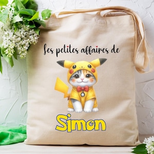 Tote bag personnalisé , modèle Chat Pikachu ,sac pour crèche , école, sport, article personnalisé