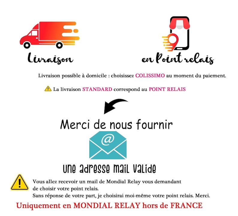May include: An image with text and graphics related to shipping and delivery options. It includes a red delivery truck, a smartphone with a location pin, and an email icon. The text emphasizes the importance of providing a valid email address for delivery updates.