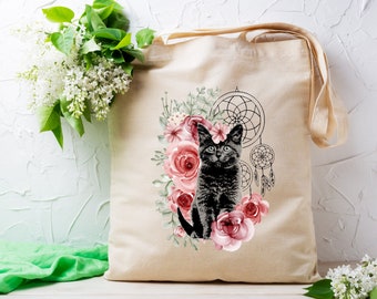 Personalized tote bag, BOHO style cat model, customizable gift