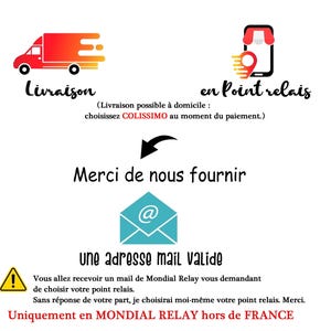 May include: An image with text and graphics related to shipping and delivery. It features a red and orange delivery truck, a smartphone with a location pin, and an envelope icon. The text includes phrases like "delivery," "point relay," and "valid email address."