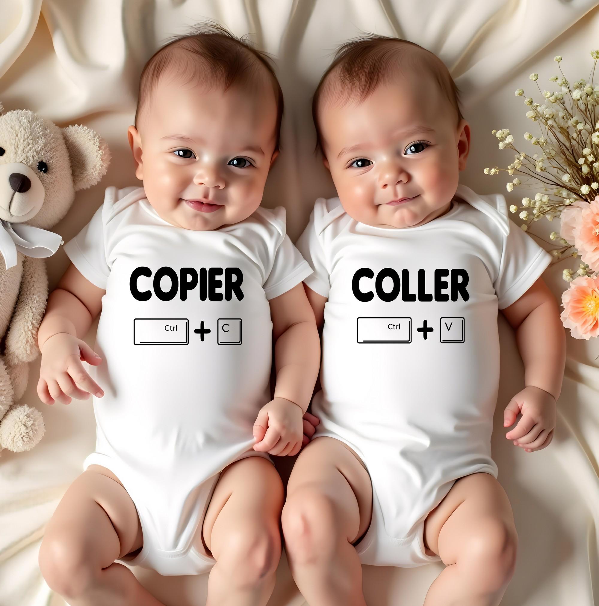 Body Bébé Jumeaux Hamburger - 100% Coton, Manches Courtes, Pour 0-12 Mois, Blanc