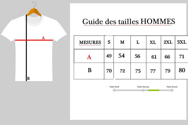 May include: A white t-shirt hanging on a wooden hanger, with a size chart labeled "Guide des tailles HOMMES" in French. The chart shows measurements for sizes S to 3XL, with measurements in centimeters.