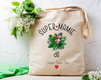 Tote bag personnalisé super Mamie, modèle Tropical, Cadeau pour Mamie, fête des grands-mères
