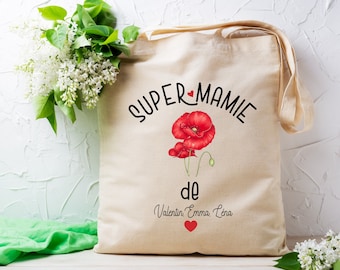 Tote bag personnalisé super Mamie, modèle Coquelicot, Cadeau pour Mamie, fête des grands-mères