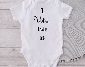 Personalized baby bodysuit with your text, small images of your choice.