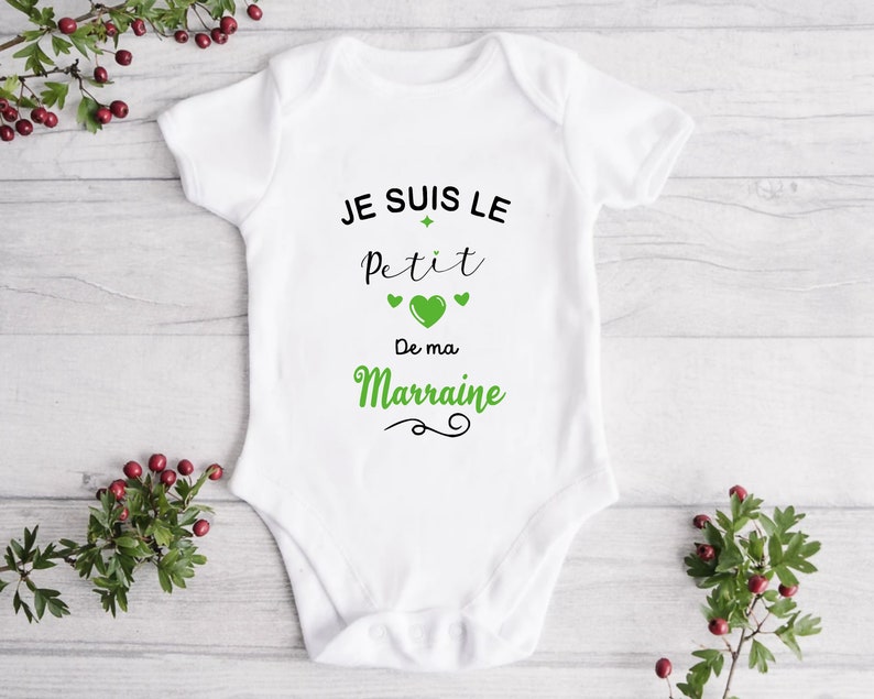 Body bébé petit coeur à Marraine, Body bébé MARRAINE ou PARRAIN, cadeau pour bébé VERT