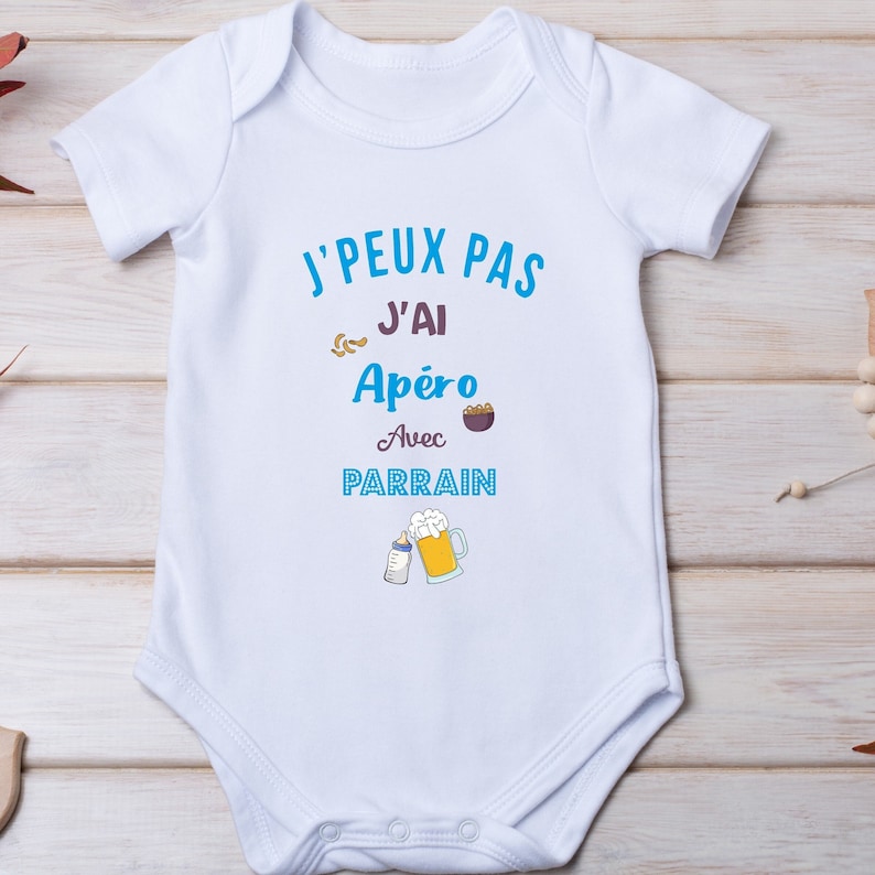 Personalized baby bodysuit, I can't I have an aperitif with GODFATHER, godfather baby bodysuit BLEUE