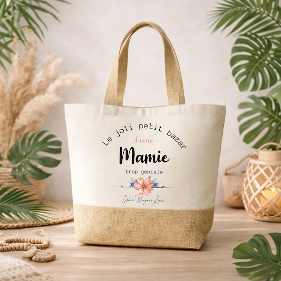 Sac Cabas personnalisé Mamie – Sac tote bag fête des grands-mères – Cadeau mamie original et utile – Sac course bohème chic