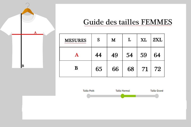 May include: White t-shirt hanging on a wooden hanger, with a size chart labeled "Guide des tailles FEMMES". The chart shows measurements A and B in centimeters for sizes S to 2XL. A slider indicates "Taille Normal".