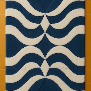 5x8 Modern Hand-Tufted Geometric Rug | Navy Blue & White Wavy Abstract Carpet Area Rugs For Living Room | Bedroom| All Sizes Custom Rugs