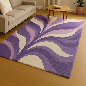 Modern Abstract Leaf Design Hand-Tufted Rug In Purple And White Color. Made with 100%  Premium Wool Area Rug for Living Room, Bedroom.