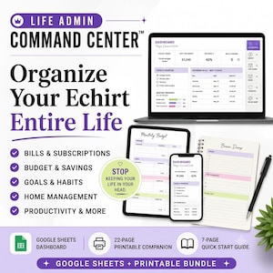 May include: A digital life management system featuring a laptop, tablet, and smartphone displaying a dashboard with financial and productivity trackers. Includes a spiral-bound notebook, a pen, and text reading Life Admin Command Center.